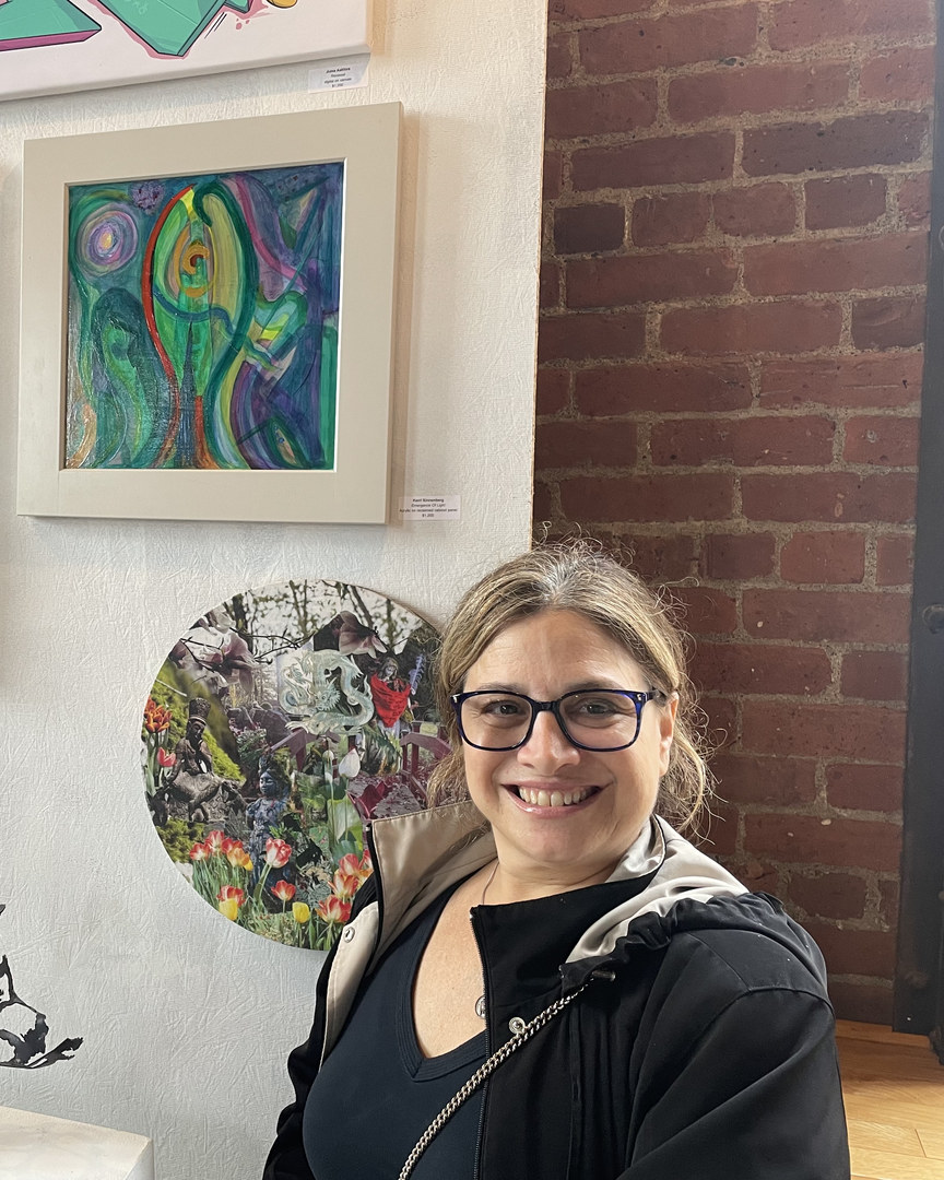 Kerri Sinnenberg beside her painting Emergence of Light at the Albany Center Gallery Summer Art Fest